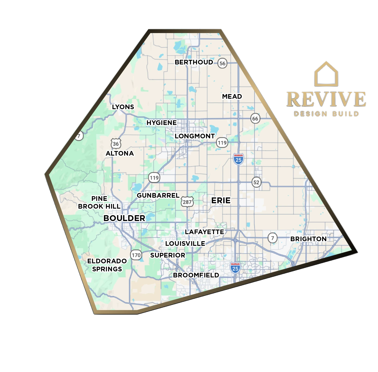 Map of the Revive Design Build service area across Northern Colorado